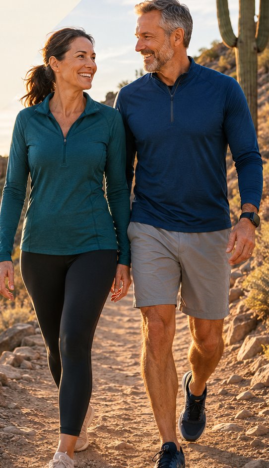Active couple hiking a desert trail at sunset